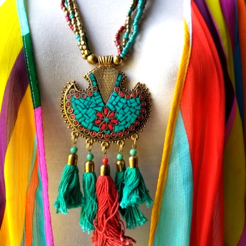Tassel Necklace w/ Gemstone encrusted Pendant